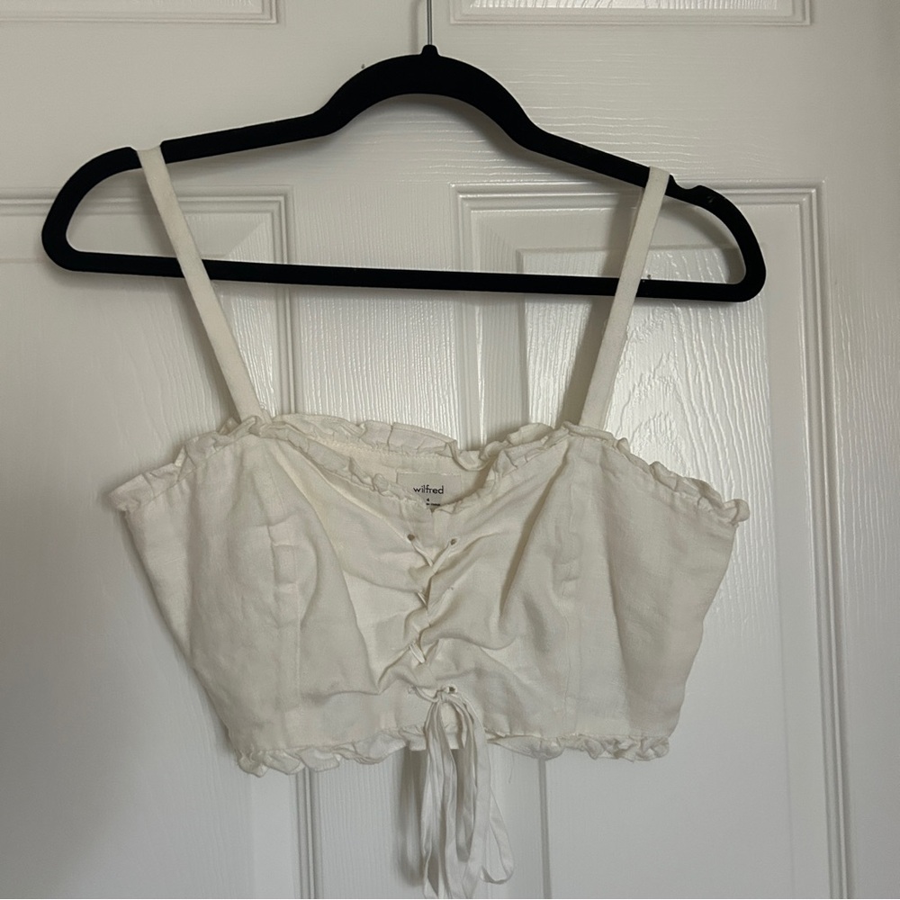 Aritzia White linen Ruffle Tie Top